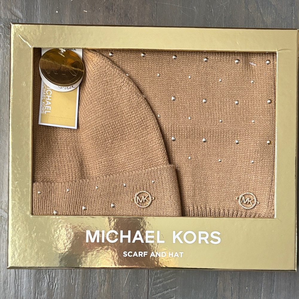 Michael Kors Studded Tan Scarf and Hat Set